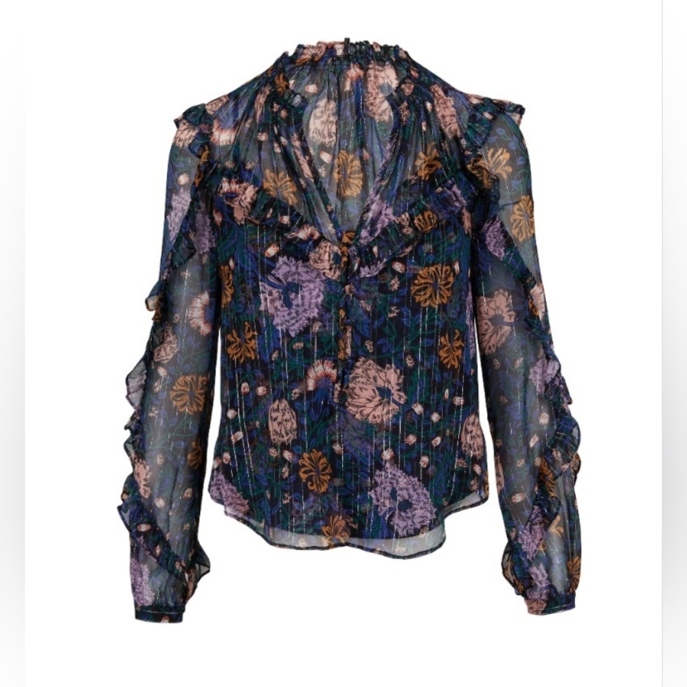 Veronica Beard Abra black floral multi semi sheer balloon sleeve boho silk top 4